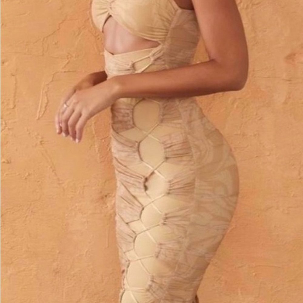 Oh Polly Tan Backless Ruched Dress